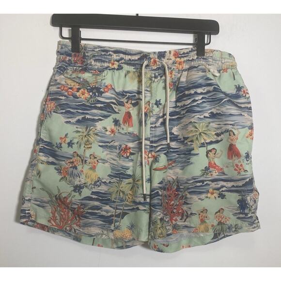 Ralph Lauren Shorts Men Small Green Aloha Hawaiian All Over Print Swimwear - Picture 1 of 13